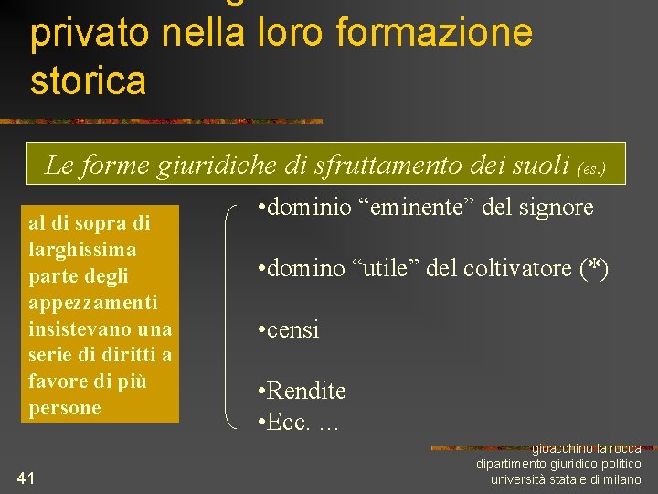 privato nella loro formazione storica Le forme giuridiche di sfruttamento dei suoli (es. )