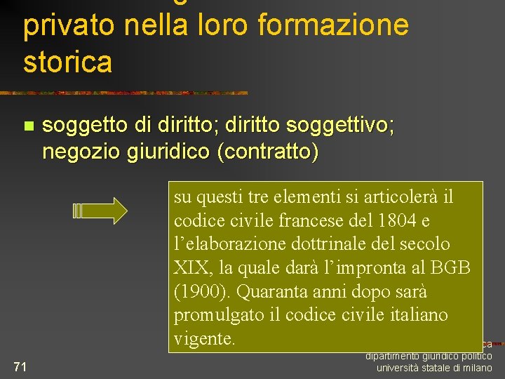 privato nella loro formazione storica n soggetto di diritto; diritto soggettivo; negozio giuridico (contratto)