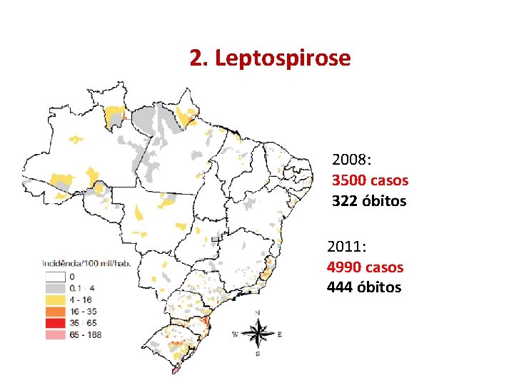 2. Leptospirose 2008: 3500 casos 322 óbitos 2011: 4990 casos 444 óbitos 