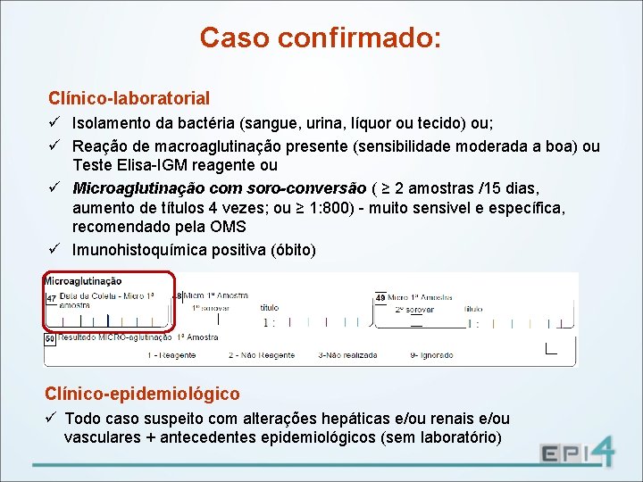 Caso confirmado: Clínico-laboratorial ü Isolamento da bactéria (sangue, urina, líquor ou tecido) ou; ü