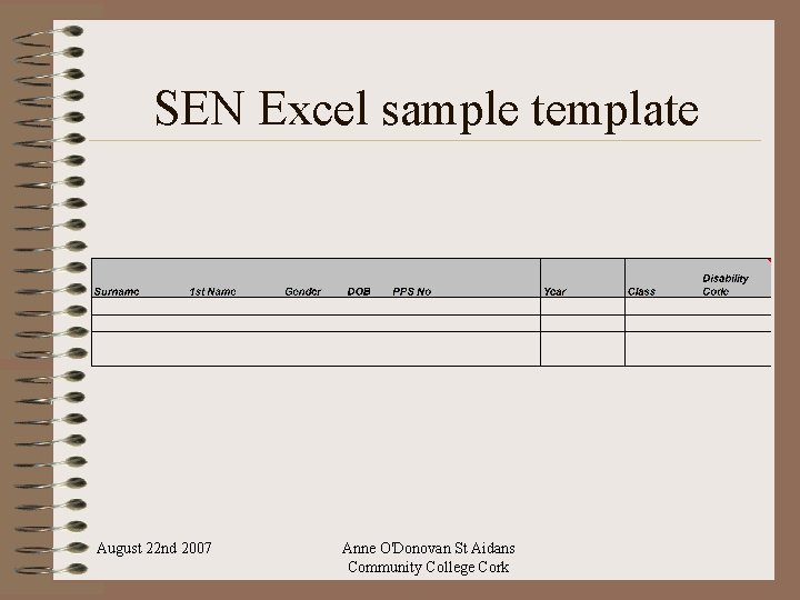 SEN Excel sample template August 22 nd 2007 Anne O'Donovan St Aidans Community College