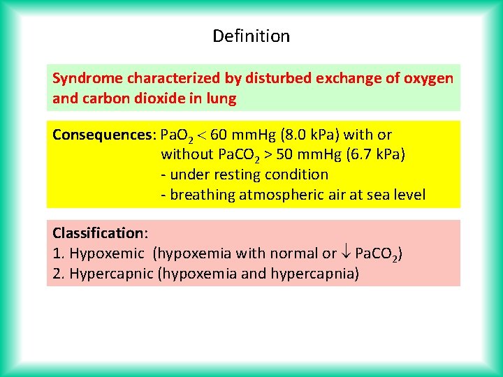 Definition Syndrome characterized by disturbed exchange of oxygen and carbon dioxide in lung Consequences: