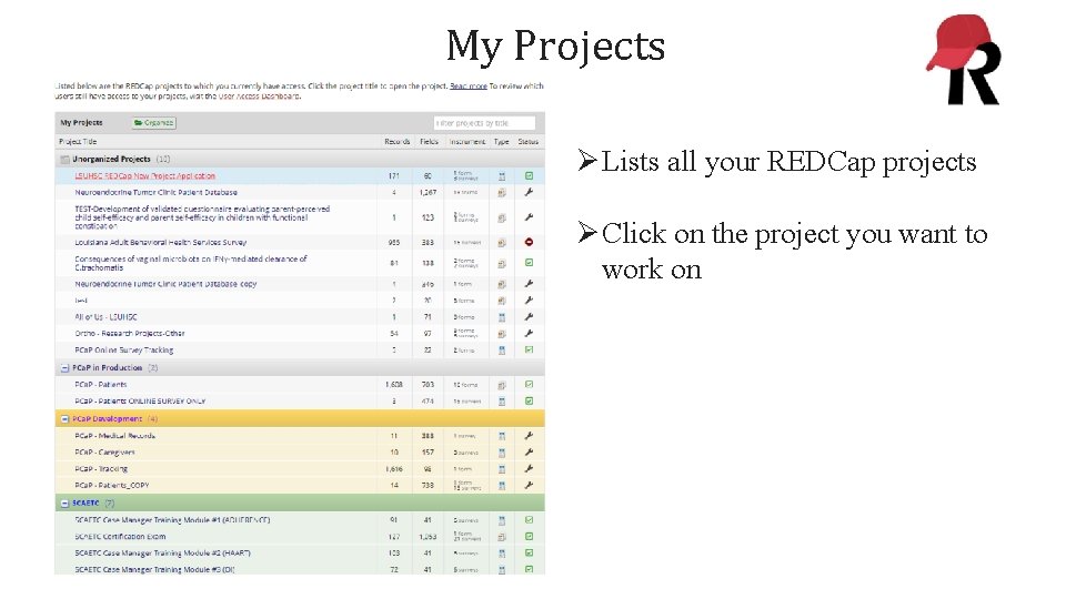 My Projects ØLists all your REDCap projects ØClick on the project you want to