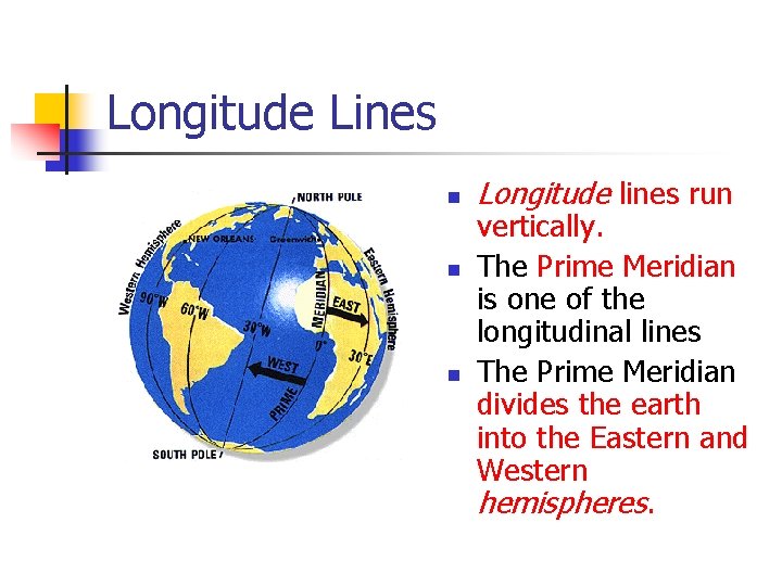 Longitude Lines n n n Longitude lines run vertically. The Prime Meridian is one