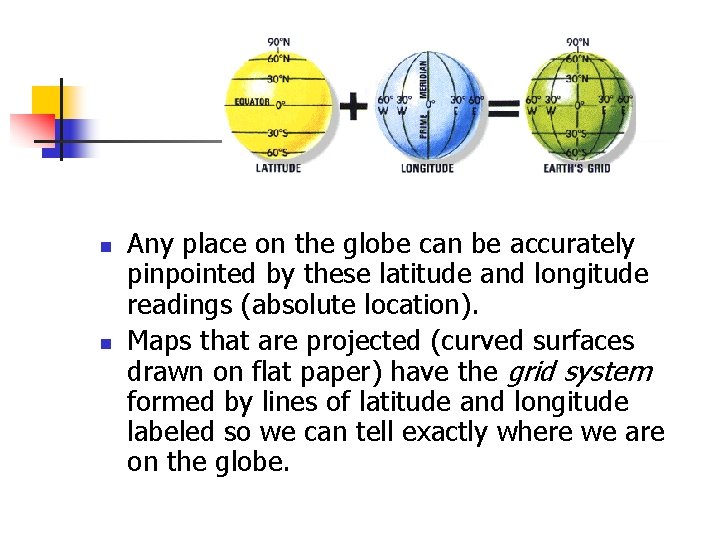 n n Any place on the globe can be accurately pinpointed by these latitude