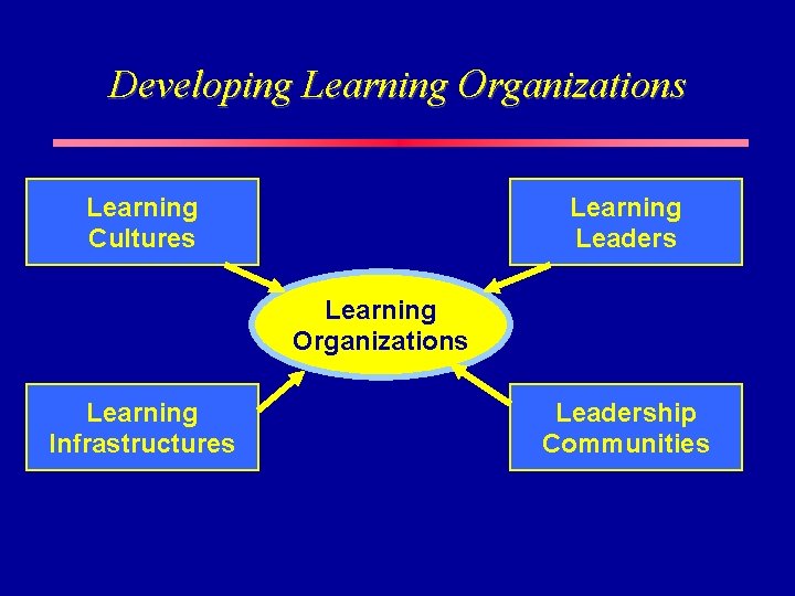 Developing Learning Organizations Learning Cultures Learning Leaders Learning Organizations Learning Infrastructures Leadership Communities 