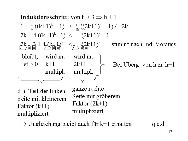 Induktionsschritt: von h 3 h + 1 1 + 2 k ((k+1)h – 1)