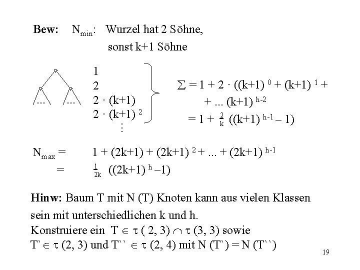 Bew: . . . Nmax = = Nmin: Wurzel hat 2 Söhne, sonst k+1