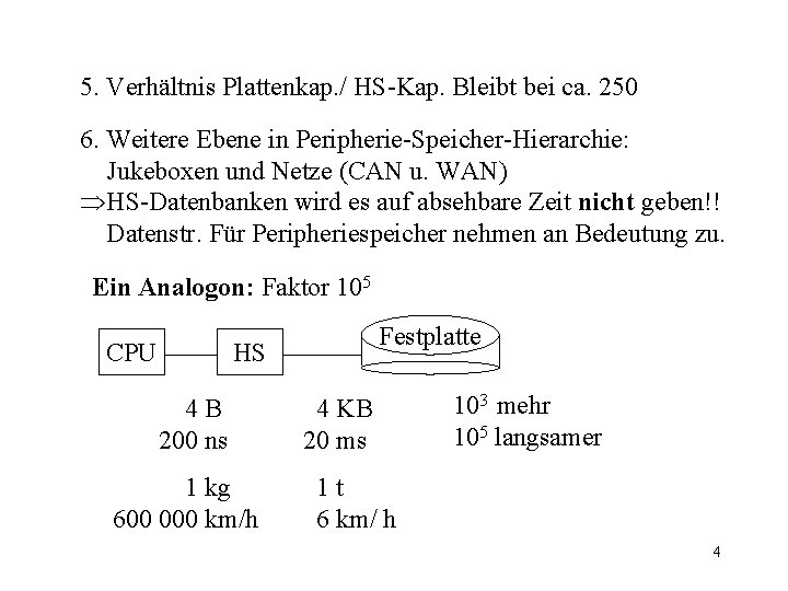 5. Verhältnis Plattenkap. / HS-Kap. Bleibt bei ca. 250 6. Weitere Ebene in Peripherie-Speicher-Hierarchie: