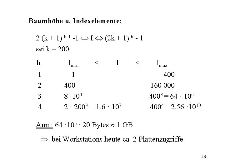 Baumhöhe u. Indexelemente: 2 (k + 1) h-1 -1 I (2 k + 1)