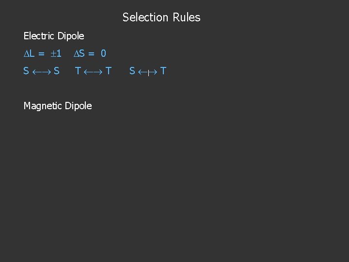 Selection Rules Electric Dipole L = 1 S = 0 S S T T