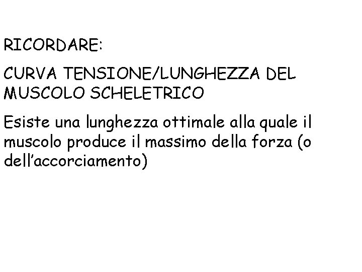 RICORDARE: CURVA TENSIONE/LUNGHEZZA DEL MUSCOLO SCHELETRICO Esiste una lunghezza ottimale alla quale il muscolo