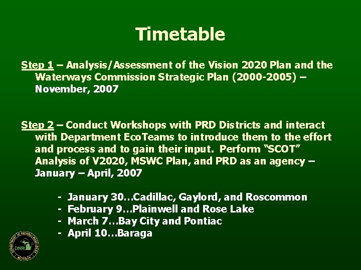 Timetable Step 1 – Analysis/Assessment of the Vision 2020 Plan and the Waterways Commission