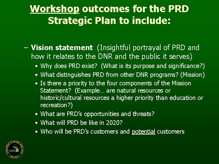 Workshop outcomes for the PRD Strategic Plan to include: – Vision statement (Insightful portrayal
