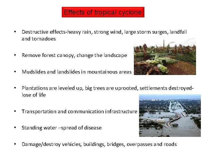 Effects of tropical cyclone • Destructive effects-heavy rain, strong wind, large storm surges, landfall