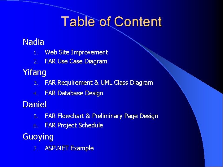 Table of Content Nadia 1. 2. Web Site Improvement FAR Use Case Diagram Yifang