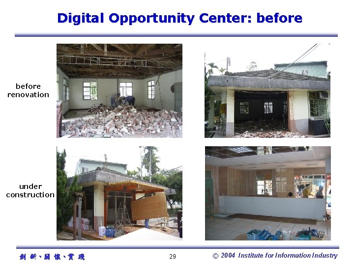 Digital Opportunity Center: before renovation under construction 創 新、關 懷、實 踐 29 © 2004