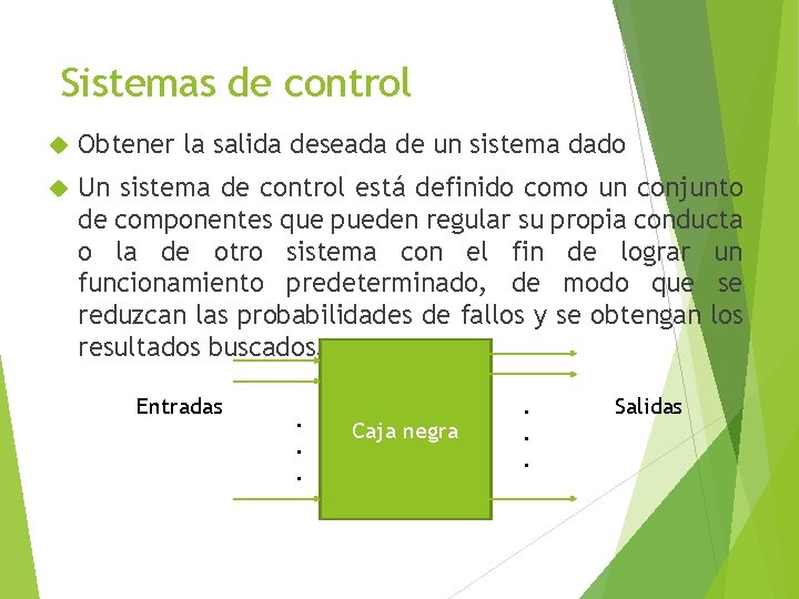 Sistemas de control Obtener la salida deseada de un sistema dado Un sistema de