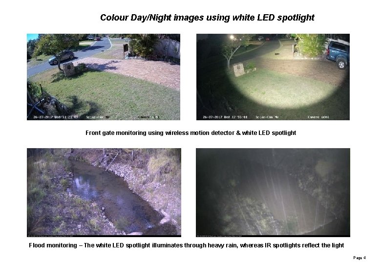 Colour Day/Night images using white LED spotlight Front gate monitoring using wireless motion detector