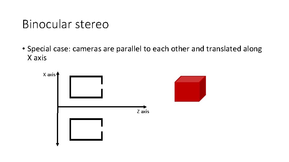 Binocular stereo • Special case: cameras are parallel to each other and translated along