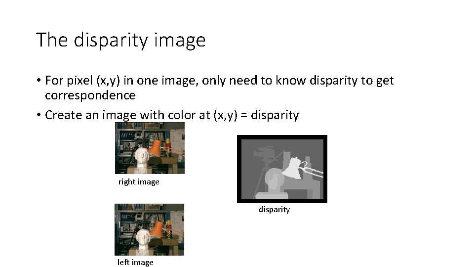 The disparity image • For pixel (x, y) in one image, only need to
