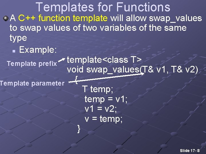 Templates for Functions A C++ function template will allow swap_values to swap values of