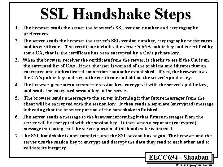 SSL Handshake Steps 1. The browser sends the server the browser's SSL version number
