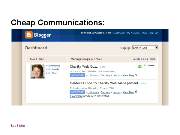 Cheap Communications: • email • blog Sue Fidler 