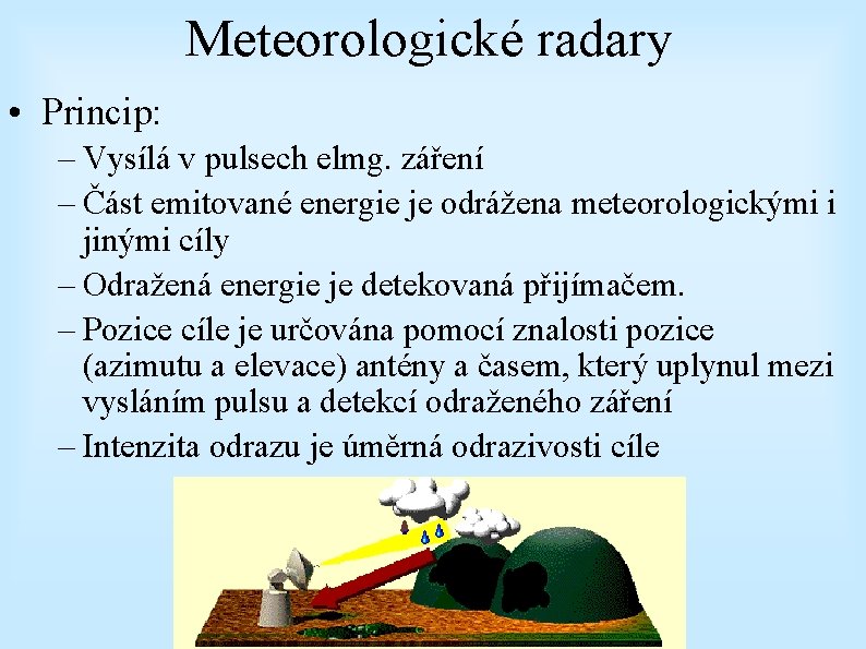 Meteorologické radary • Princip: – Vysílá v pulsech elmg. záření – Část emitované energie