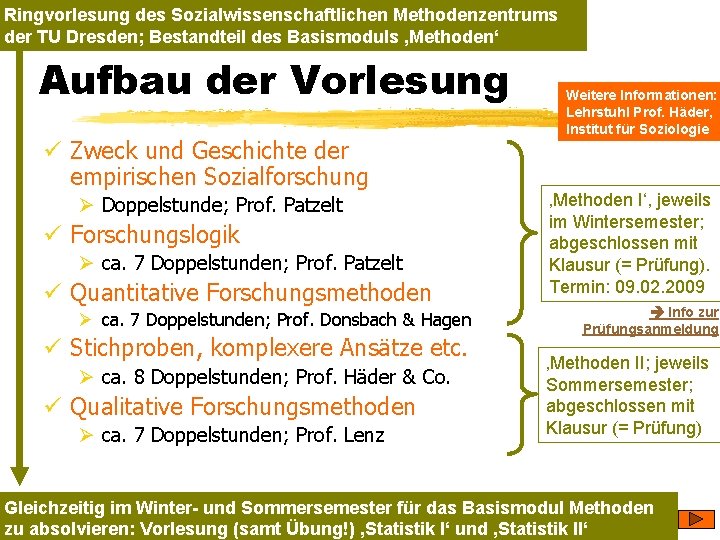 Ringvorlesung des Sozialwissenschaftlichen Methodenzentrums der TU Dresden; Bestandteil des Basismoduls ‚Methoden‘ Aufbau der Vorlesung