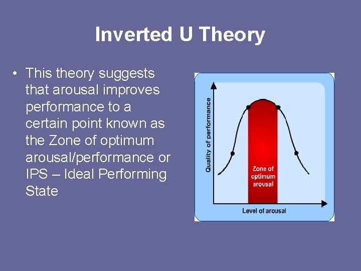 Inverted U Theory • This theory suggests that arousal improves performance to a certain