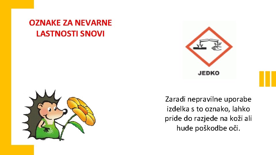 OZNAKE ZA NEVARNE LASTNOSTI SNOVI Zaradi nepravilne uporabe izdelka s to oznako, lahko pride