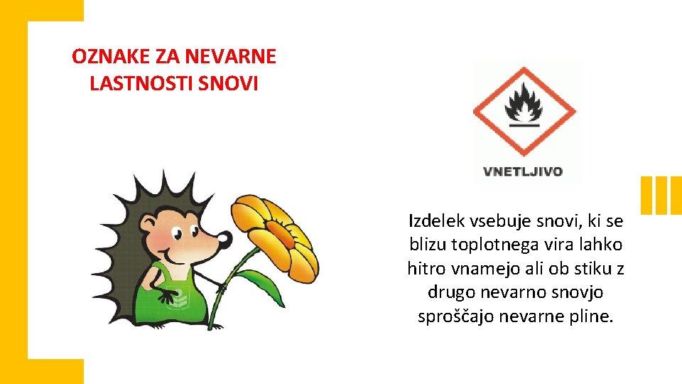 OZNAKE ZA NEVARNE LASTNOSTI SNOVI Izdelek vsebuje snovi, ki se blizu toplotnega vira lahko OZNAKE ZA NEVARNE LASTNOSTI SNOVI Izdelek vsebuje snovi, ki se blizu toplotnega vira lahko