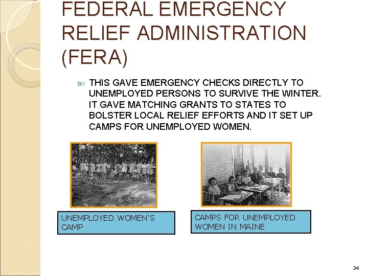 FEDERAL EMERGENCY RELIEF ADMINISTRATION (FERA) THIS GAVE EMERGENCY CHECKS DIRECTLY TO UNEMPLOYED PERSONS TO