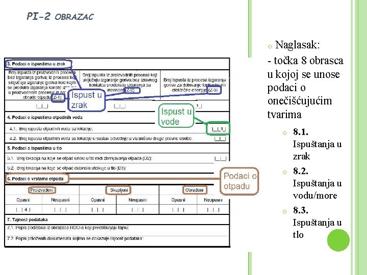 PI-2 OBRAZAC Naglasak: - točka 8 obrasca u kojoj se unose podaci o onečišćujućim