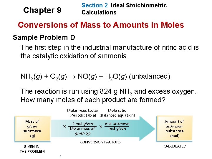 Chapter 9 Section 2 Ideal Stoichiometric Calculations Conversions of Mass to Amounts in Moles Chapter 9 Section 2 Ideal Stoichiometric Calculations Conversions of Mass to Amounts in Moles