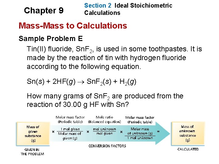 Chapter 9 Section 2 Ideal Stoichiometric Calculations Mass-Mass to Calculations Sample Problem E Tin(II) Chapter 9 Section 2 Ideal Stoichiometric Calculations Mass-Mass to Calculations Sample Problem E Tin(II)