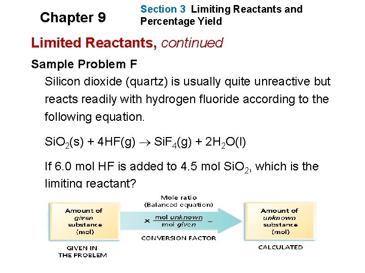 Chapter 9 Section 3 Limiting Reactants and Percentage Yield Limited Reactants, continued Sample Problem Chapter 9 Section 3 Limiting Reactants and Percentage Yield Limited Reactants, continued Sample Problem