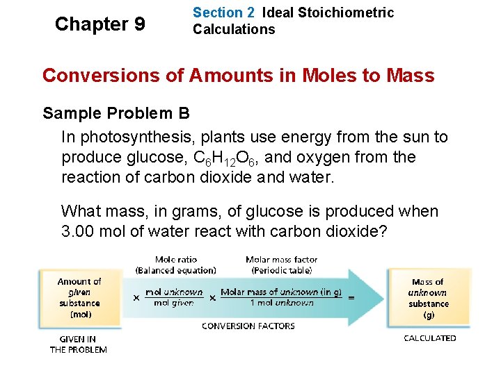 Chapter 9 Section 2 Ideal Stoichiometric Calculations Conversions of Amounts in Moles to Mass Chapter 9 Section 2 Ideal Stoichiometric Calculations Conversions of Amounts in Moles to Mass