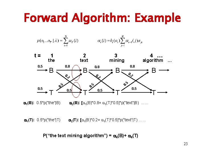 Forward Algorithm: Example t= 0. 5 1 2 the text 0. 8 B 0.