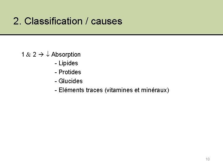 2. Classification / causes 1 2 Absorption - Lipides - Protides - Glucides -