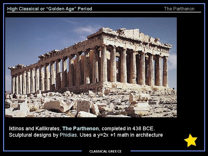 High Classical or “Golden Age” Period Iktinos and Kallikrates, The Parthenon, completed in 438