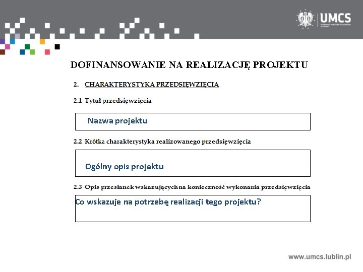 DOFINANSOWANIE NA REALIZACJĘ PROJEKTU Nazwa projektu Ogólny opis projektu Co wskazuje na potrzebę realizacji