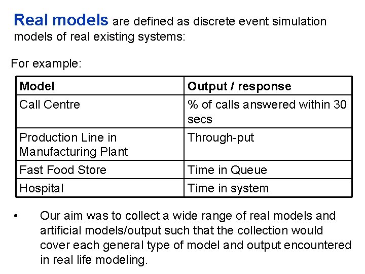 Real models are defined as discrete event simulation models of real existing systems: For