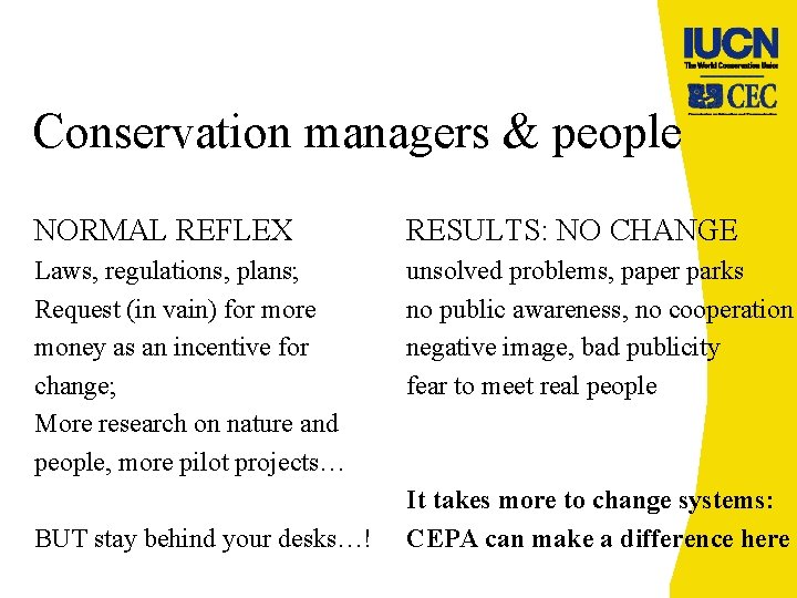 Conservation managers & people NORMAL REFLEX RESULTS: NO CHANGE Laws, regulations, plans; Request (in