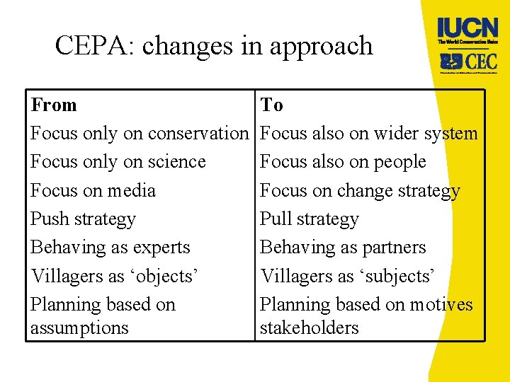 CEPA: changes in approach From Focus only on conservation Focus only on science Focus