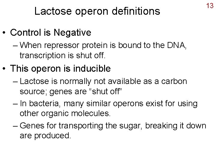 Lactose operon definitions 13 • Control is Negative – When repressor protein is bound