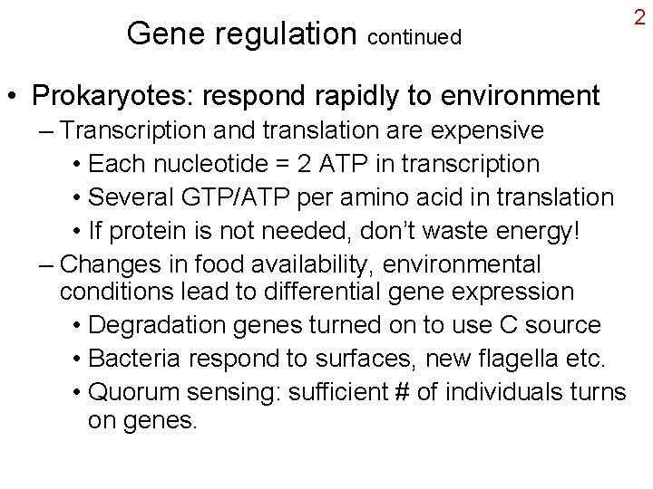Gene regulation continued • Prokaryotes: respond rapidly to environment – Transcription and translation are