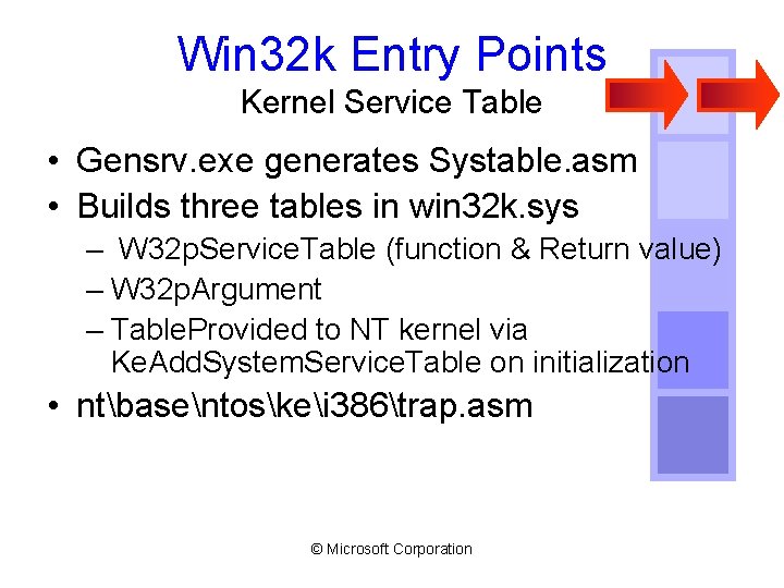 Win 32 k Entry Points Kernel Service Table • Gensrv. exe generates Systable. asm