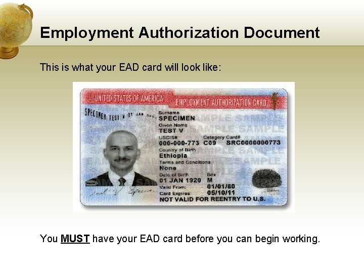 Employment Authorization Document This is what your EAD card will look like: You MUST